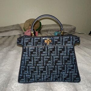 Fendi Black and Blue Satchel with Gold Accents
